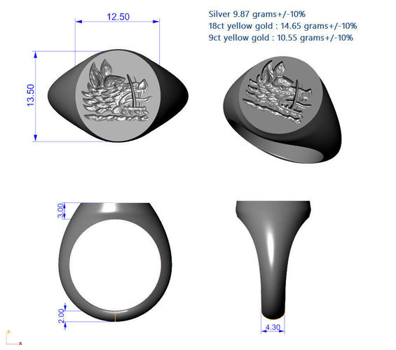 warthog Classic Oval Yellow Gold Signet Ring 3D print model