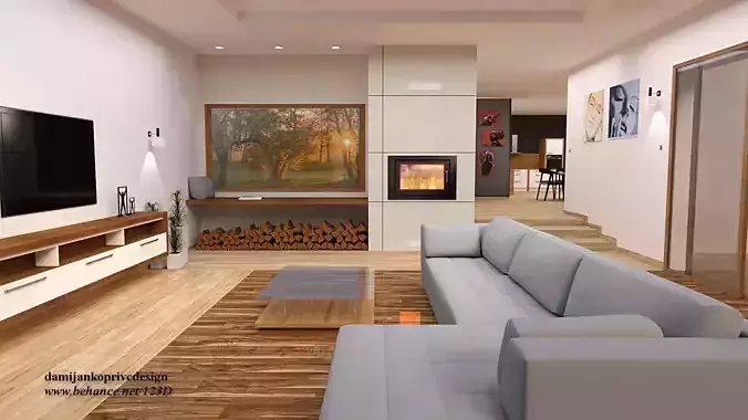 contemporary modern living with kitchen and TV set