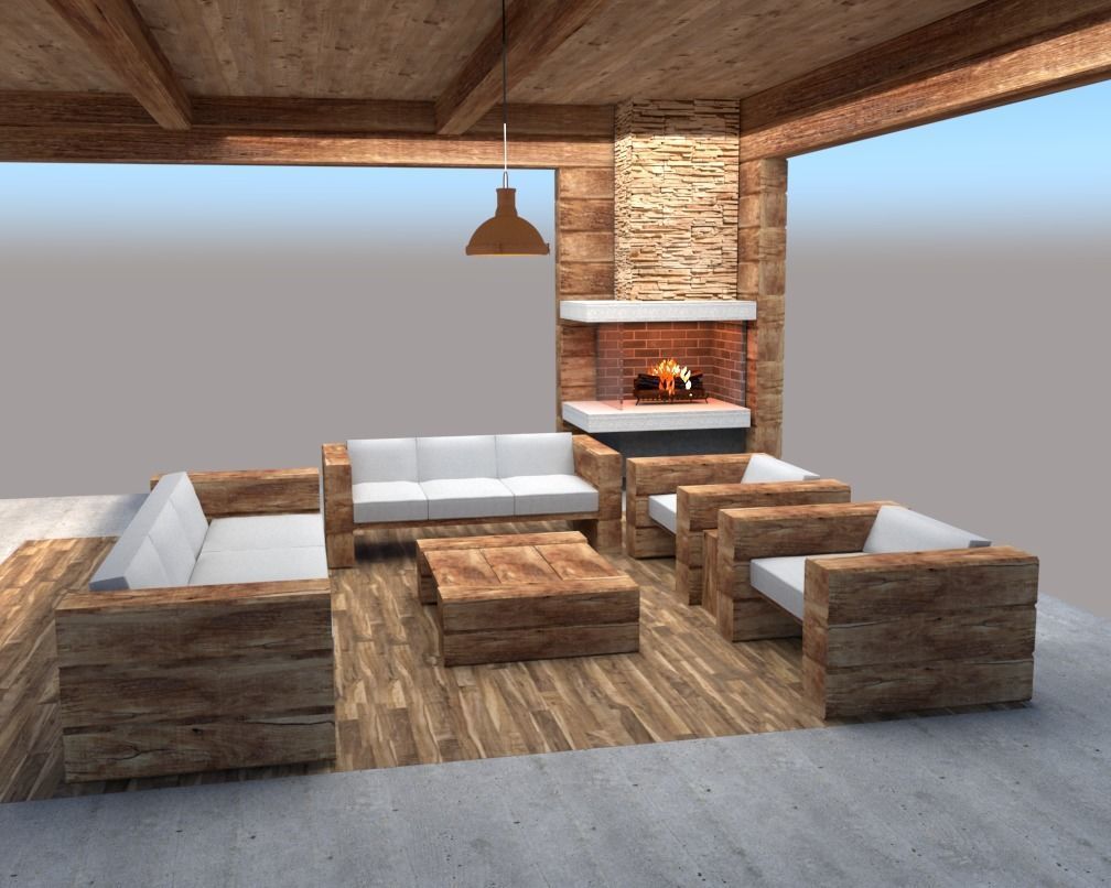 wooden- lodge- furniture -sofa-pavilion Low-poly 3D model_4