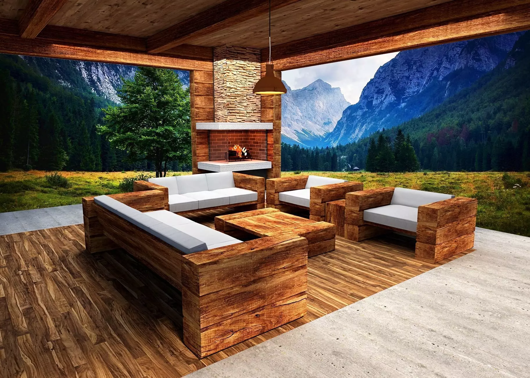 wooden- lodge- furniture -sofa-pavilion Low-poly 3D model_0