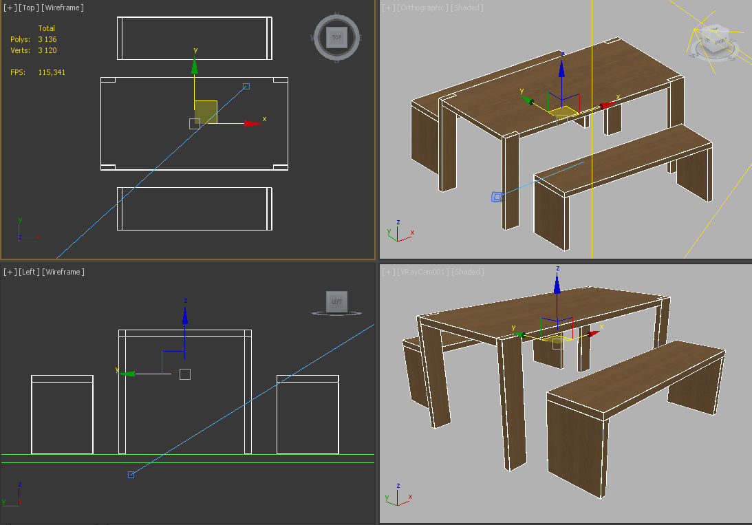 Table and benches Low-poly 3D model_2