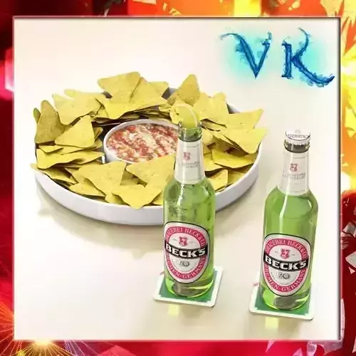 Nacho Bowl and Becks Beer Bottles 3D model