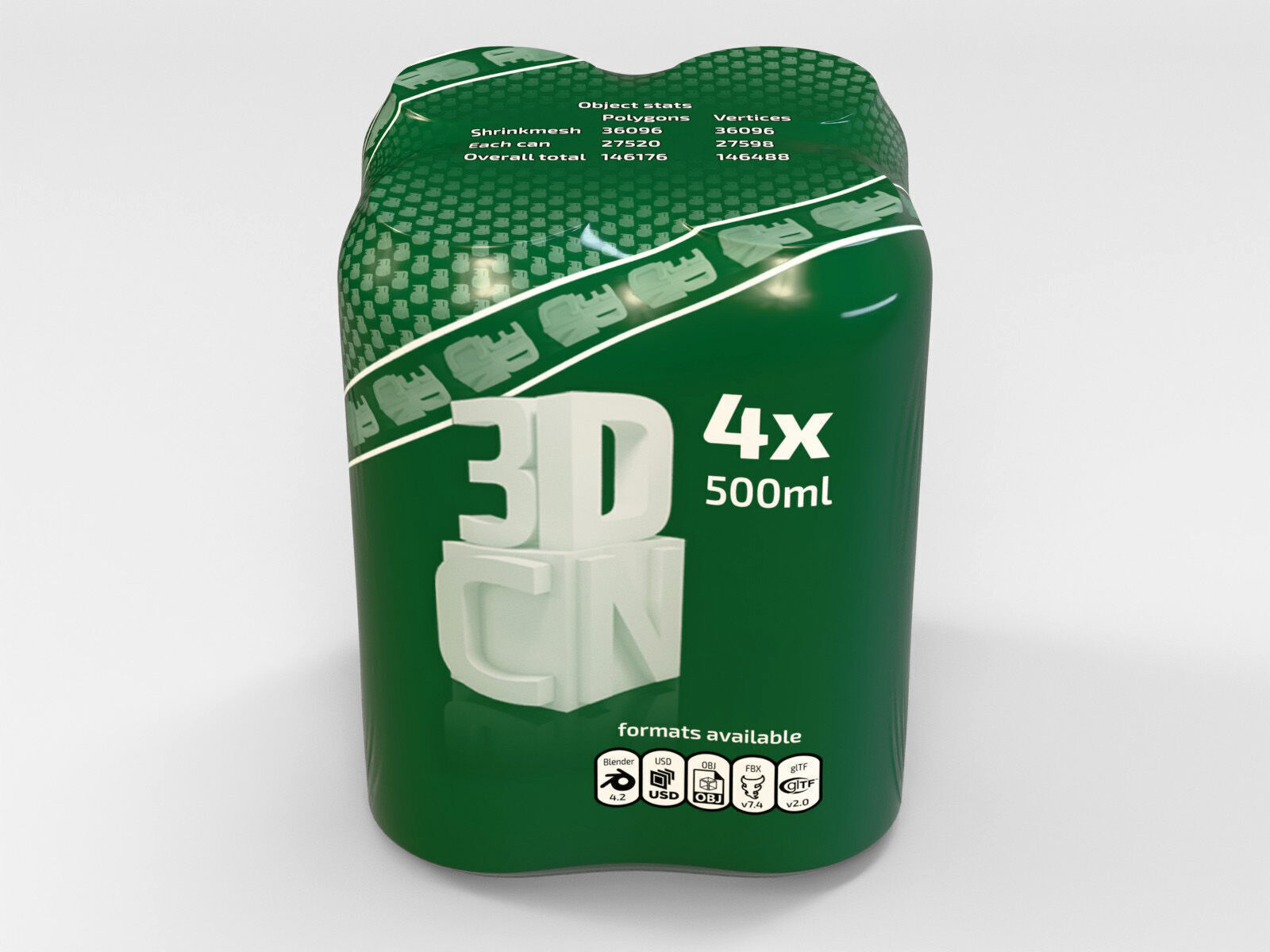 Model of 4 500ml cans in a plastic shrinkwrap 3D model_2