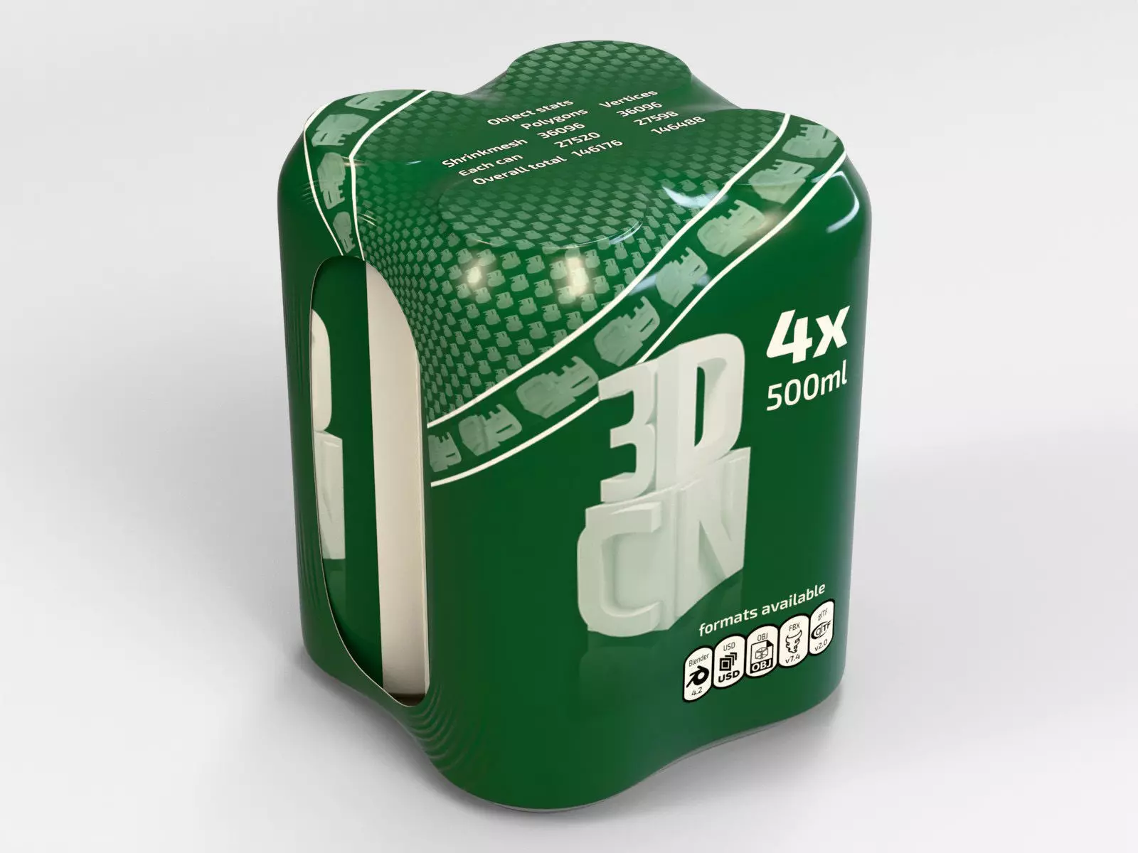Model of 4 500ml cans in a plastic shrinkwrap 3D model_0