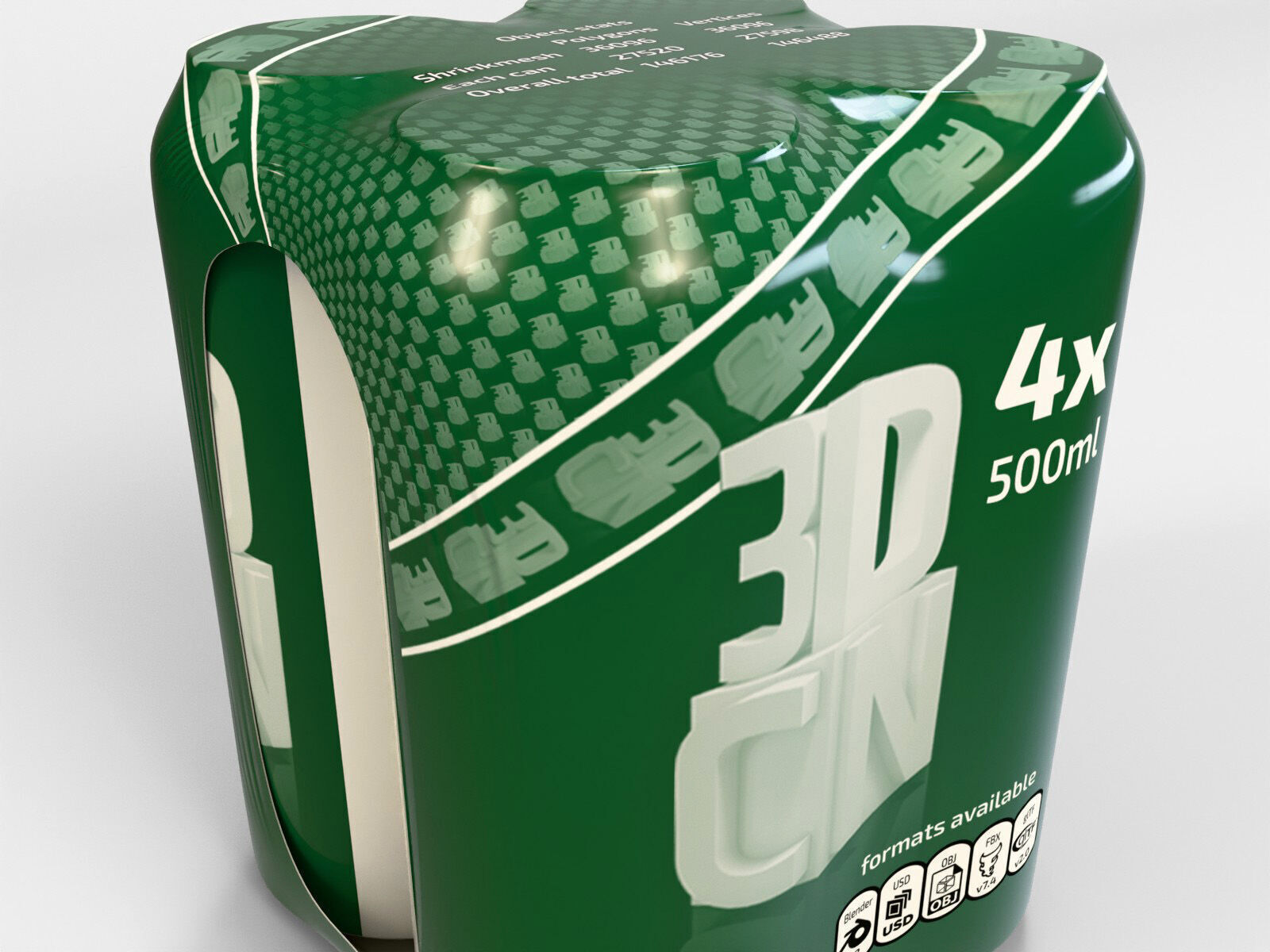 Model of 4 500ml cans in a plastic shrinkwrap 3D model_6