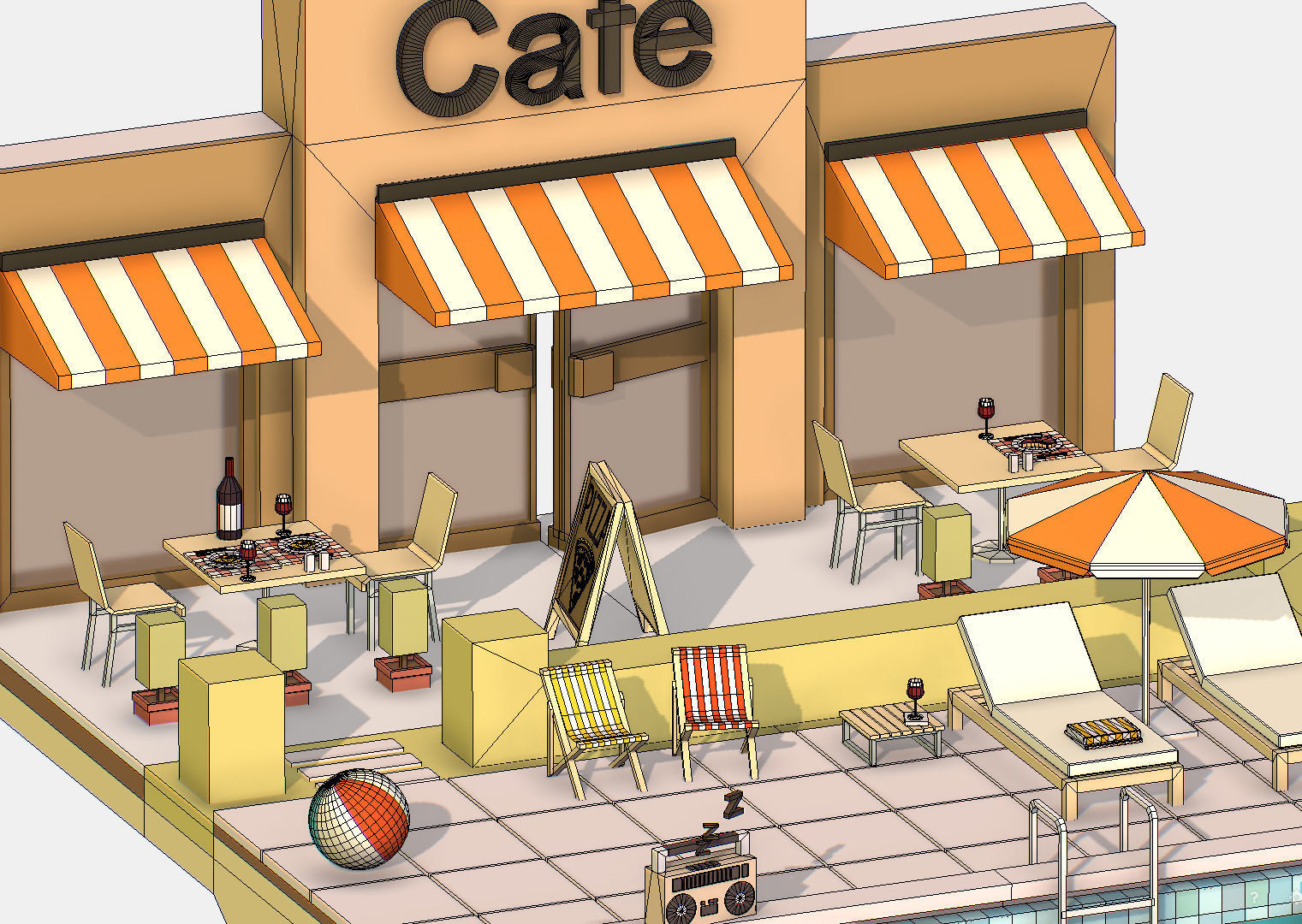 Summer Cafe Pizza Pool sun lounger Low-poly 3D model_32