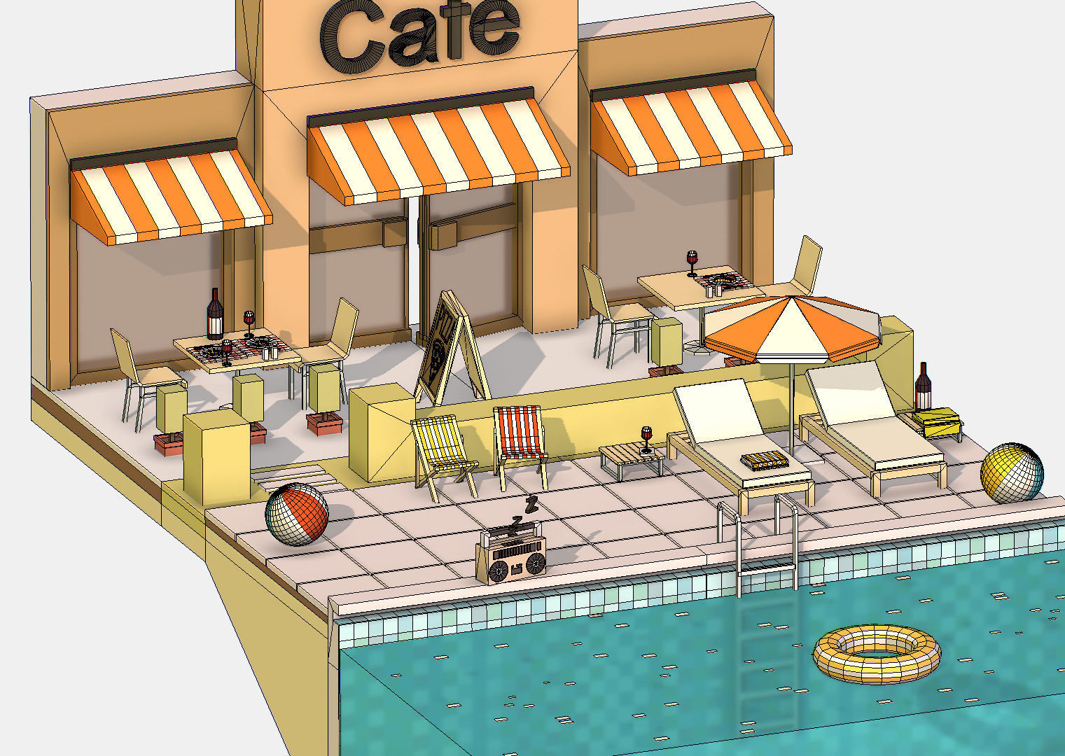 Summer Cafe Pizza Pool sun lounger Low-poly 3D model_26