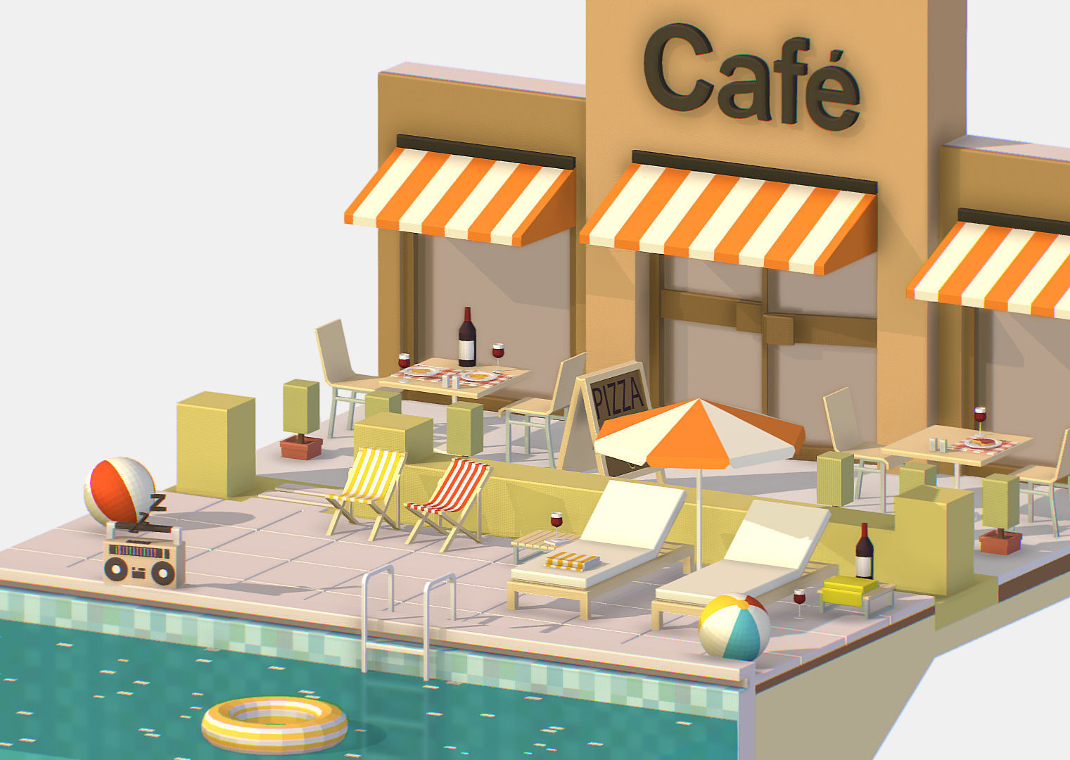 Summer Cafe Pizza Pool sun lounger Low-poly 3D model_19