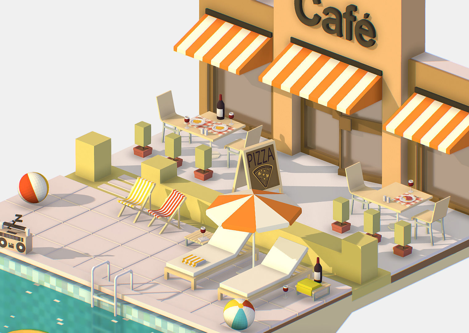 Summer Cafe Pizza Pool sun lounger Low-poly 3D model_12