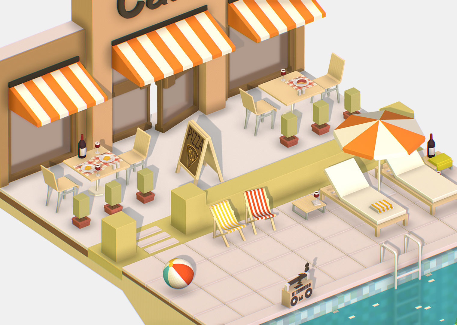 Summer Cafe Pizza Pool sun lounger Low-poly 3D model_10