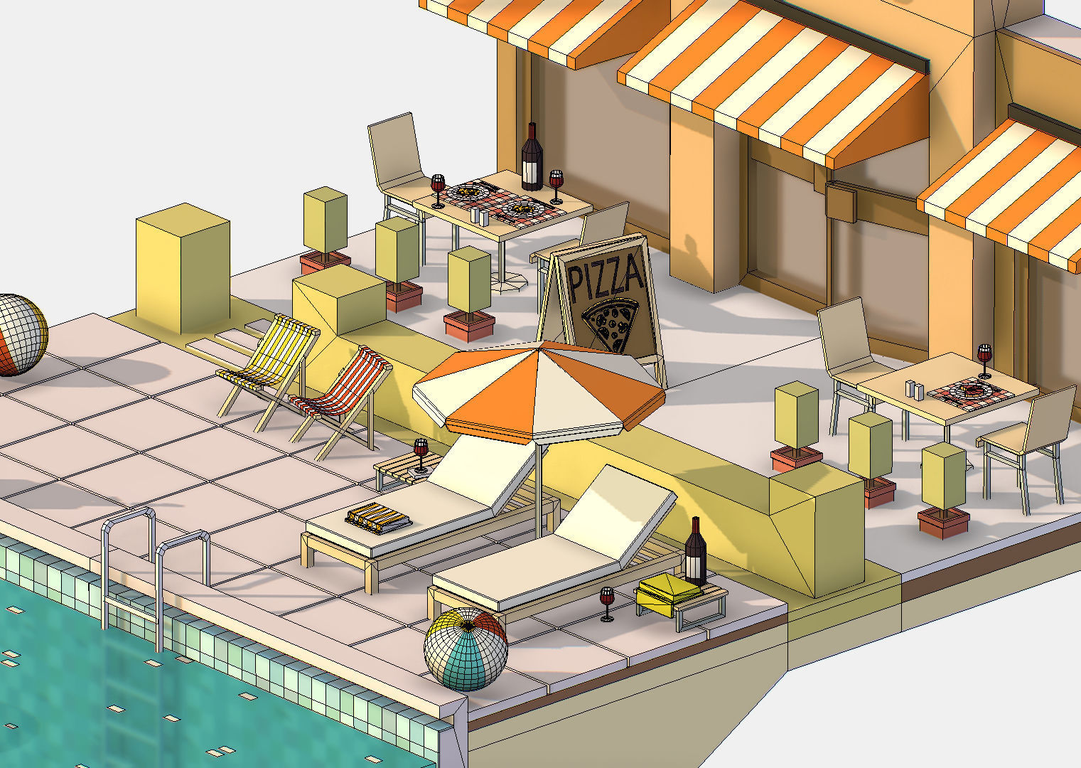 Summer Cafe Pizza Pool sun lounger Low-poly 3D model_30
