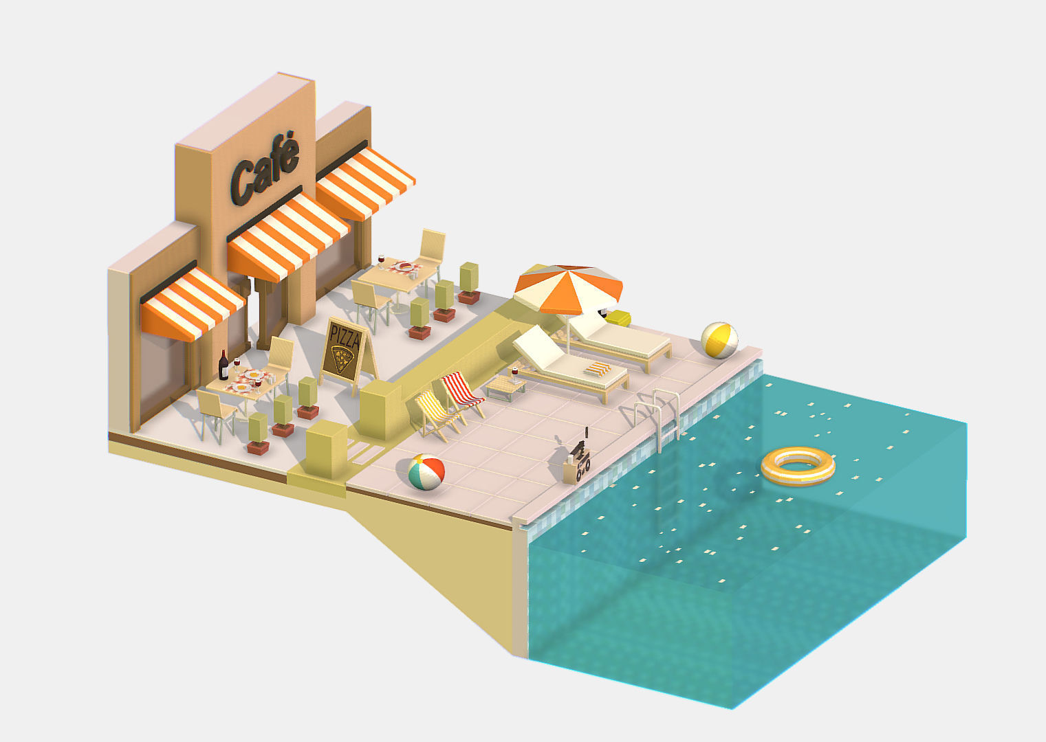 Summer Cafe Pizza Pool sun lounger Low-poly 3D model_6