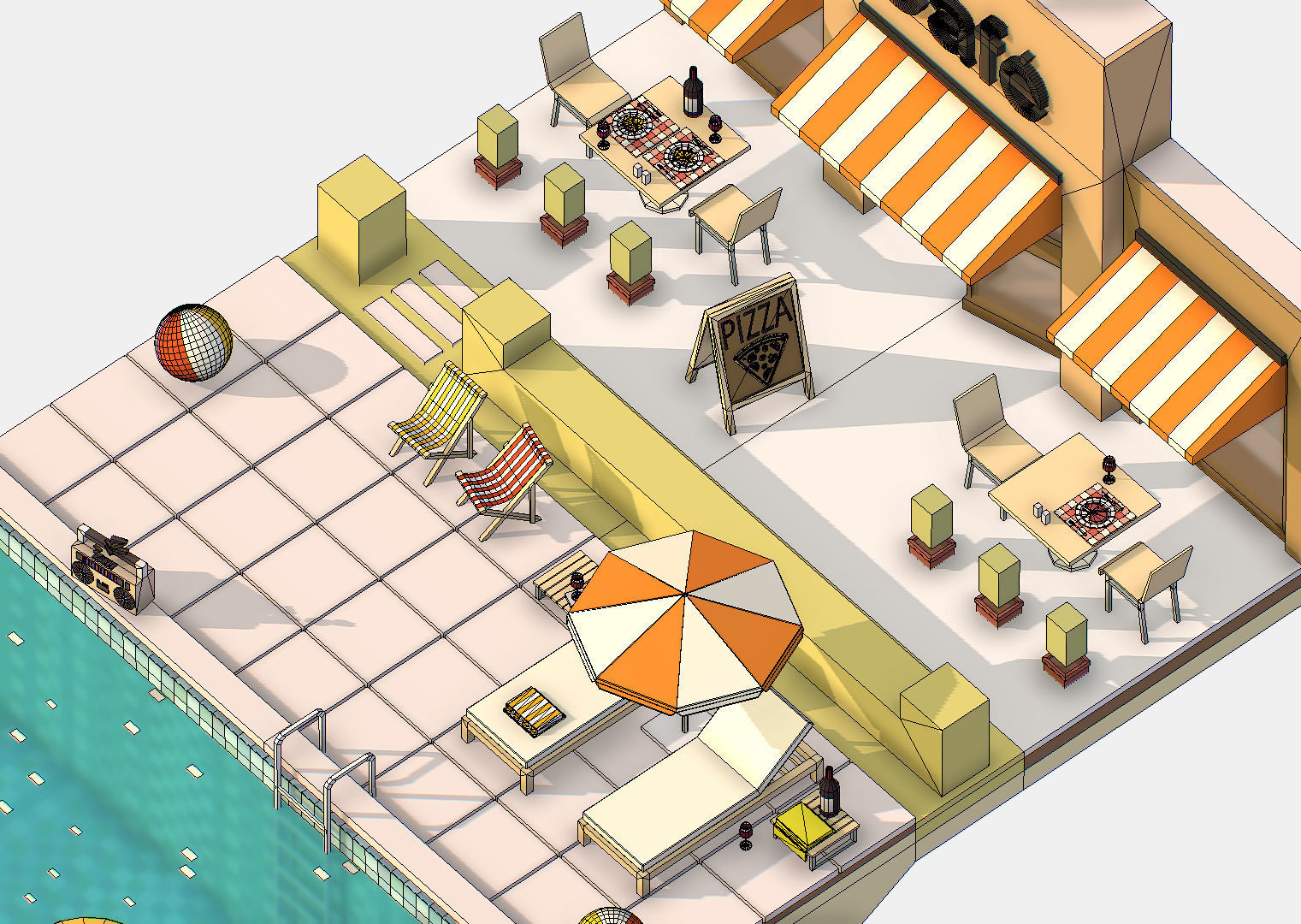 Summer Cafe Pizza Pool sun lounger Low-poly 3D model_34