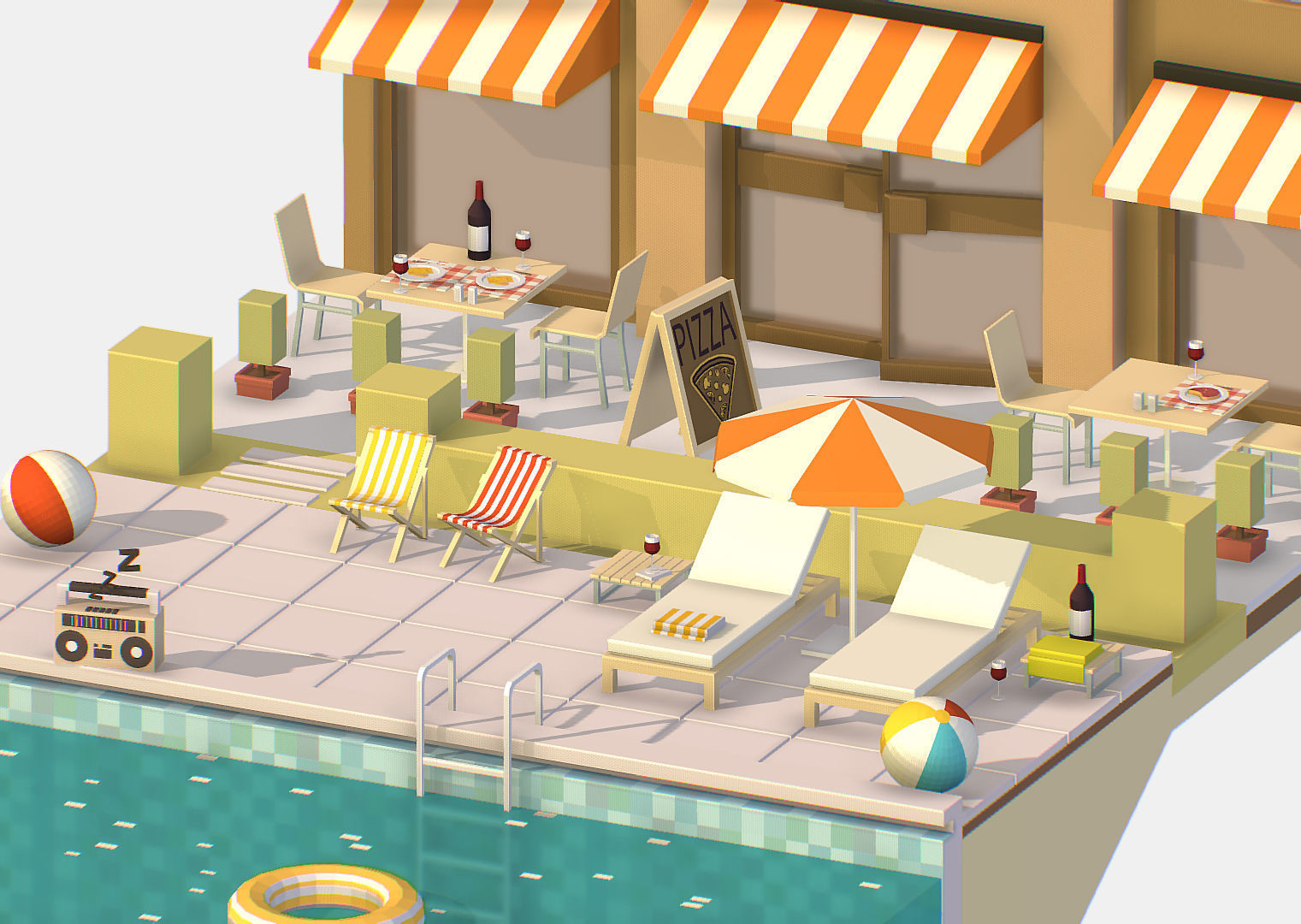 Summer Cafe Pizza Pool sun lounger Low-poly 3D model_25