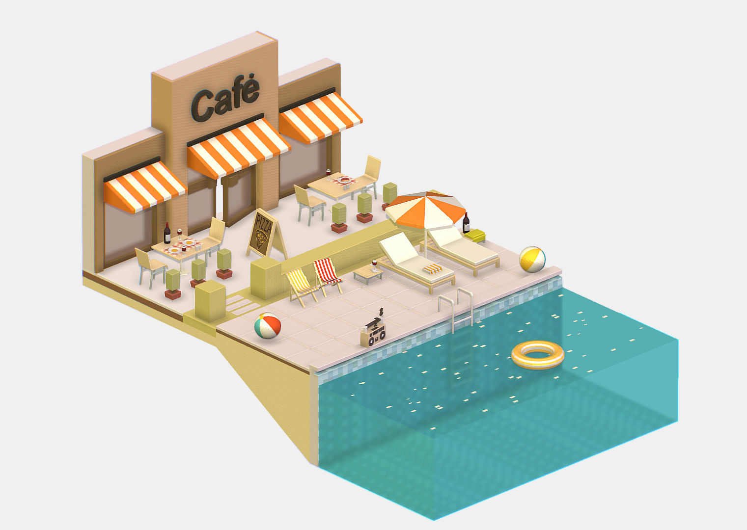 Summer Cafe Pizza Pool sun lounger Low-poly 3D model_3