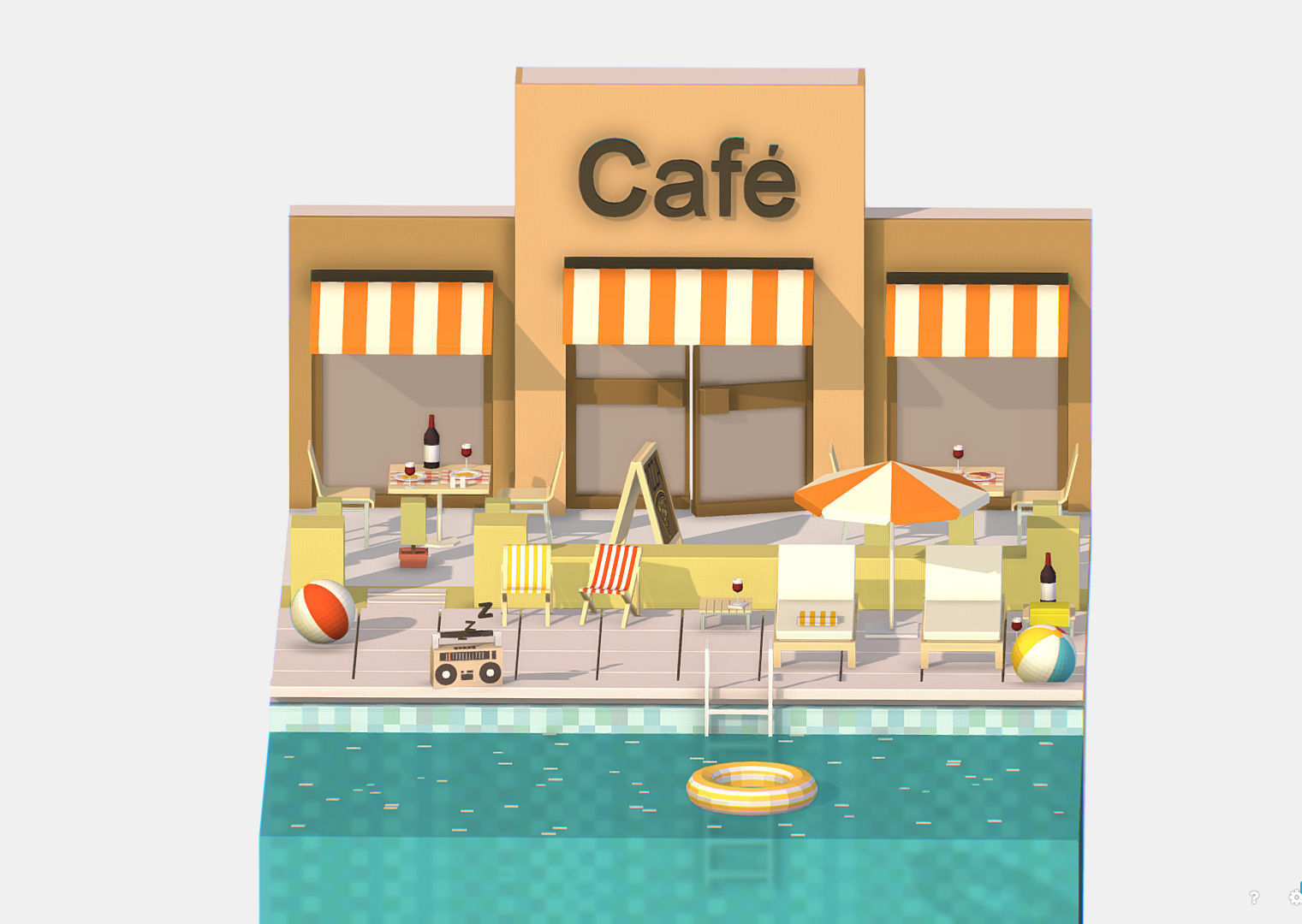 Summer Cafe Pizza Pool sun lounger Low-poly 3D model_23