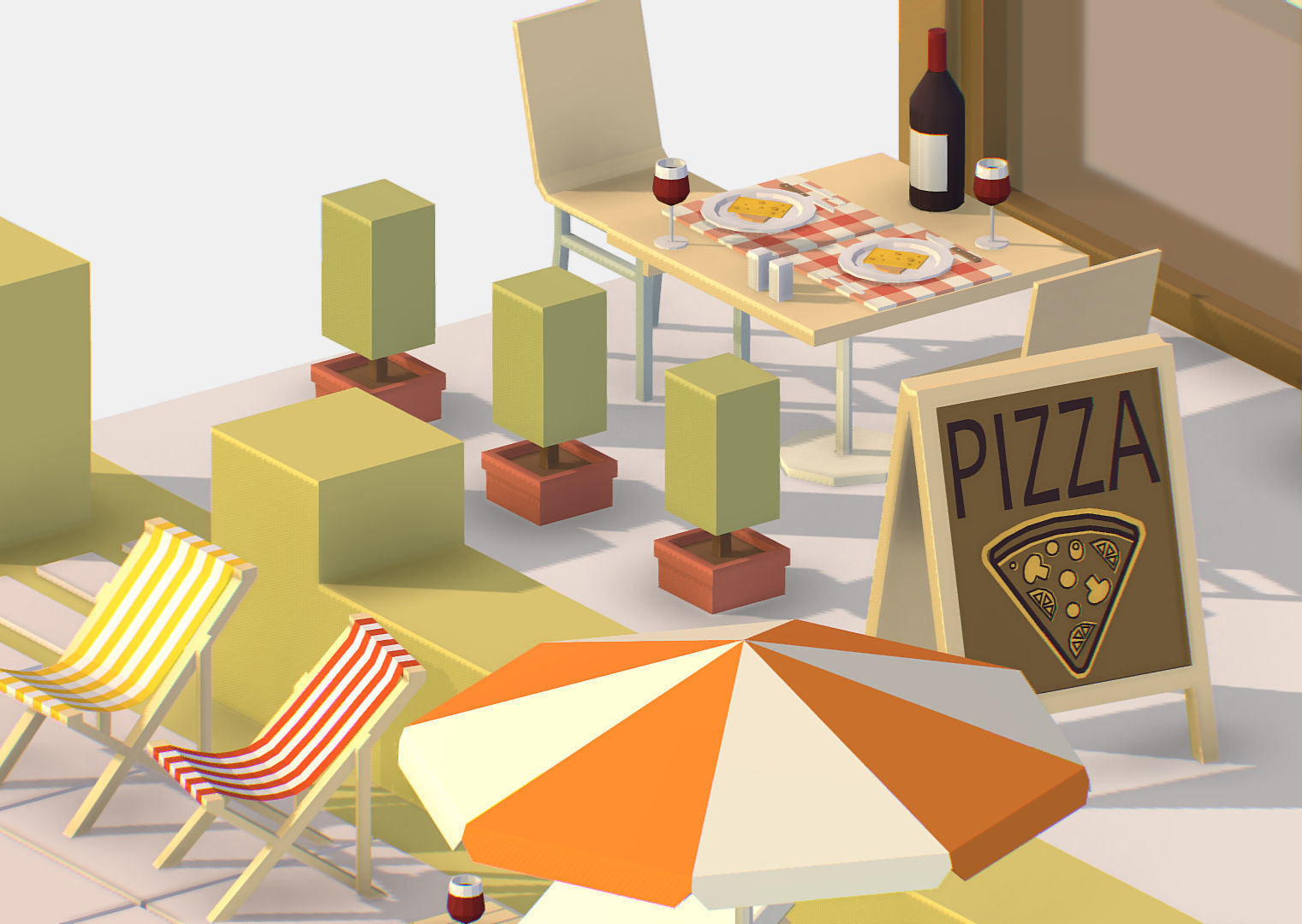 Summer Cafe Pizza Pool sun lounger Low-poly 3D model_15