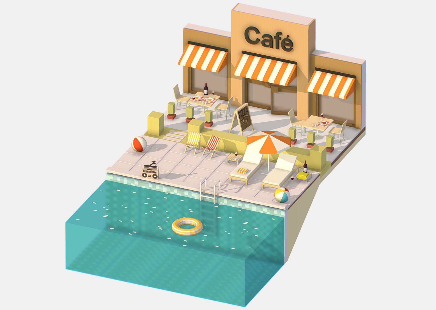 Summer Cafe Pizza Pool sun lounger Low-poly 3D model_2