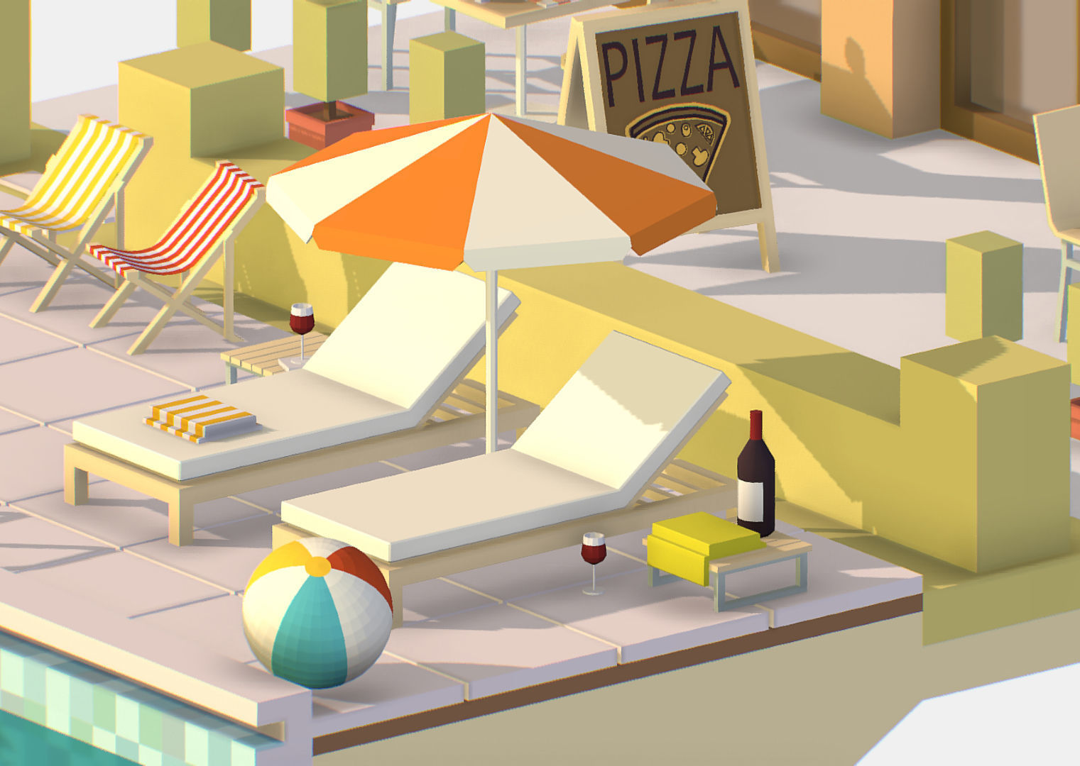 Summer Cafe Pizza Pool sun lounger Low-poly 3D model_14
