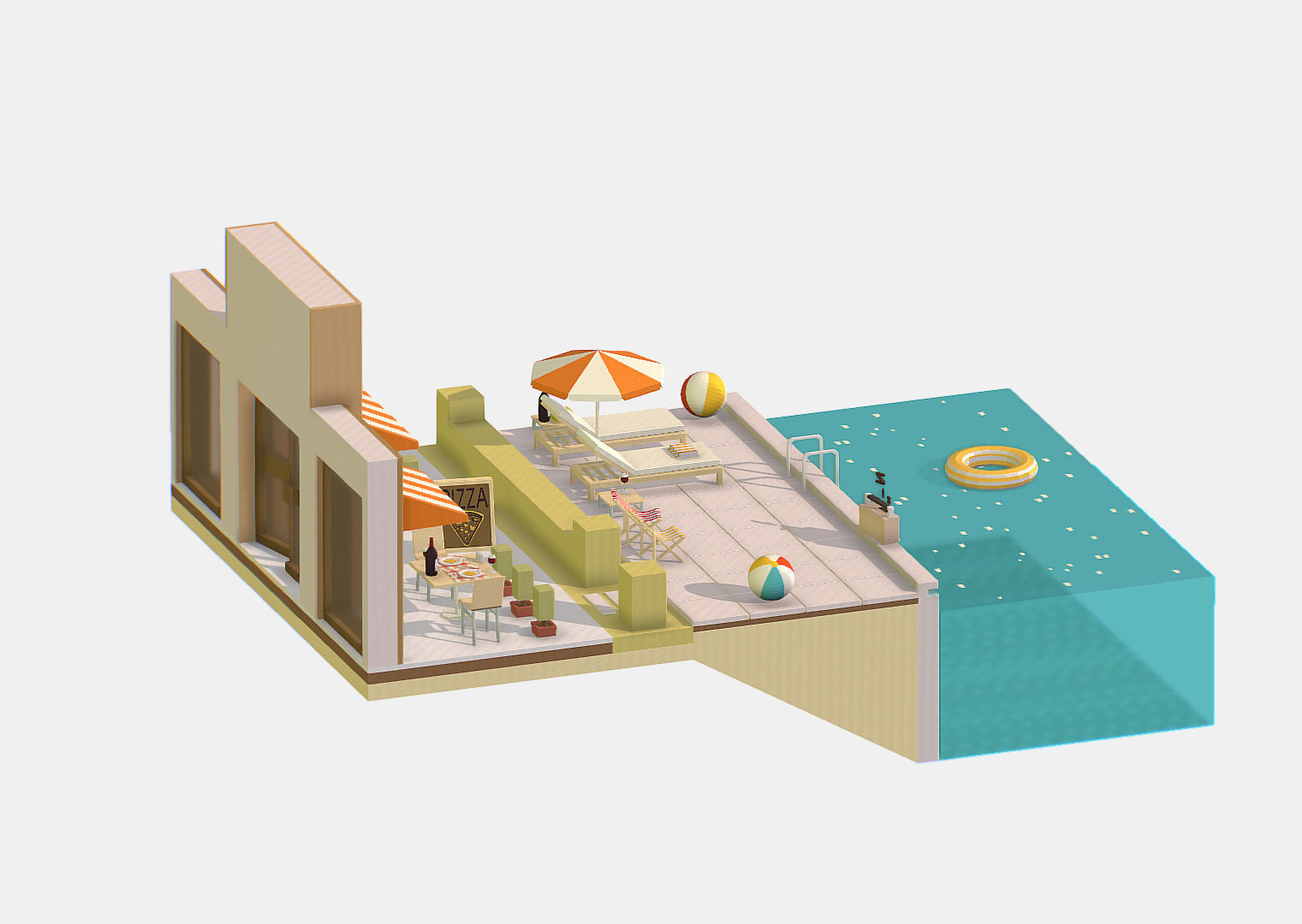 Summer Cafe Pizza Pool sun lounger Low-poly 3D model_4