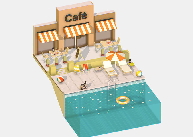 Summer Cafe Pizza by the Pool sun lounger Low-poly 3D model
