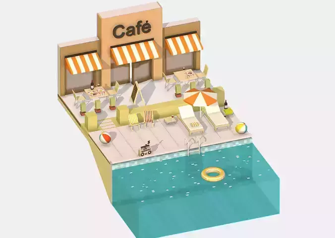 Summer Cafe Pizza by the Pool sun lounger Low-poly 3D model