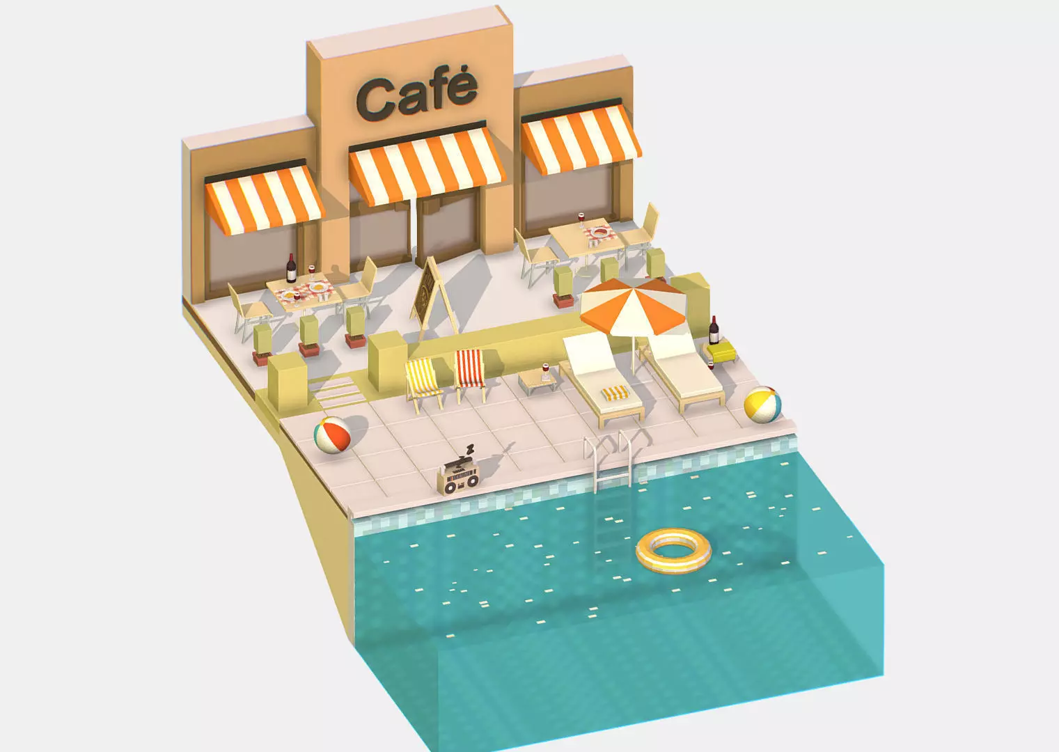 Summer Cafe Pizza Pool sun lounger Low-poly 3D model_0