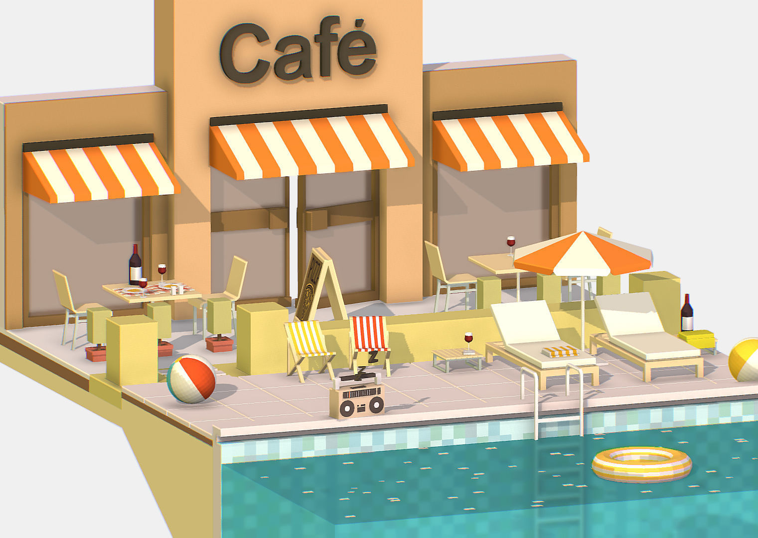Summer Cafe Pizza Pool sun lounger Low-poly 3D model_28