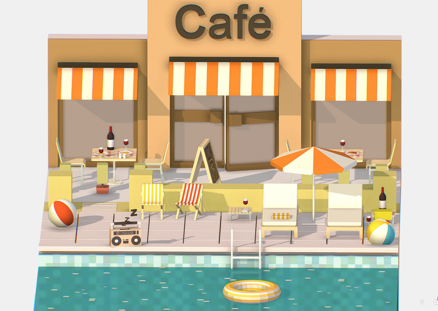 Summer Cafe Pizza Pool sun lounger Low-poly 3D model_24