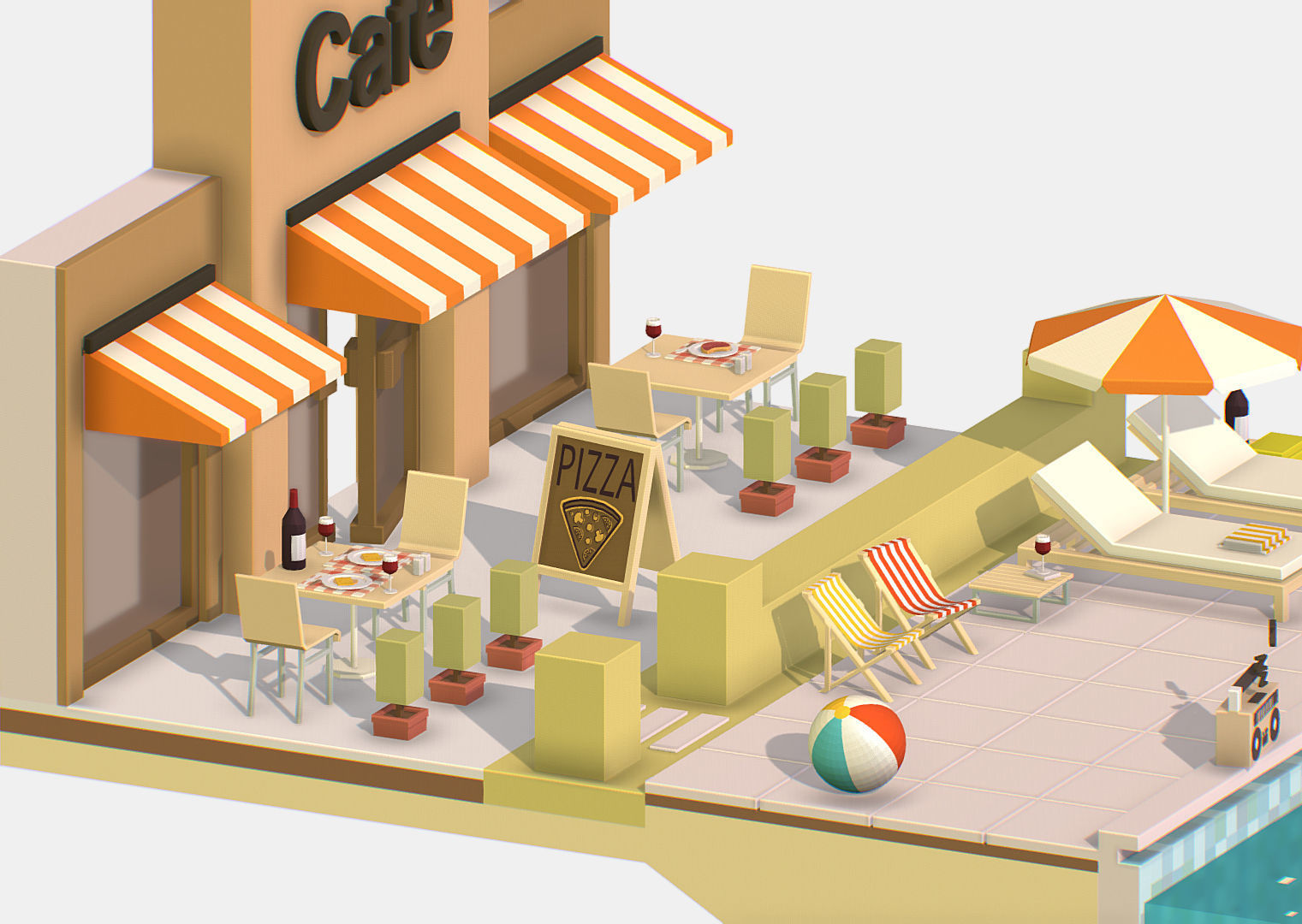 Summer Cafe Pizza Pool sun lounger Low-poly 3D model_29