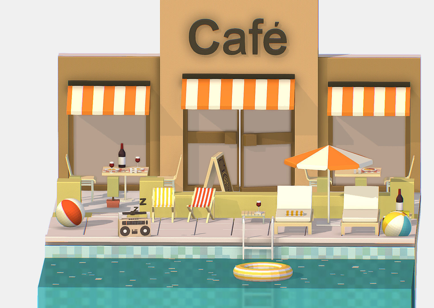 Summer Cafe Pizza Pool sun lounger Low-poly 3D model_9
