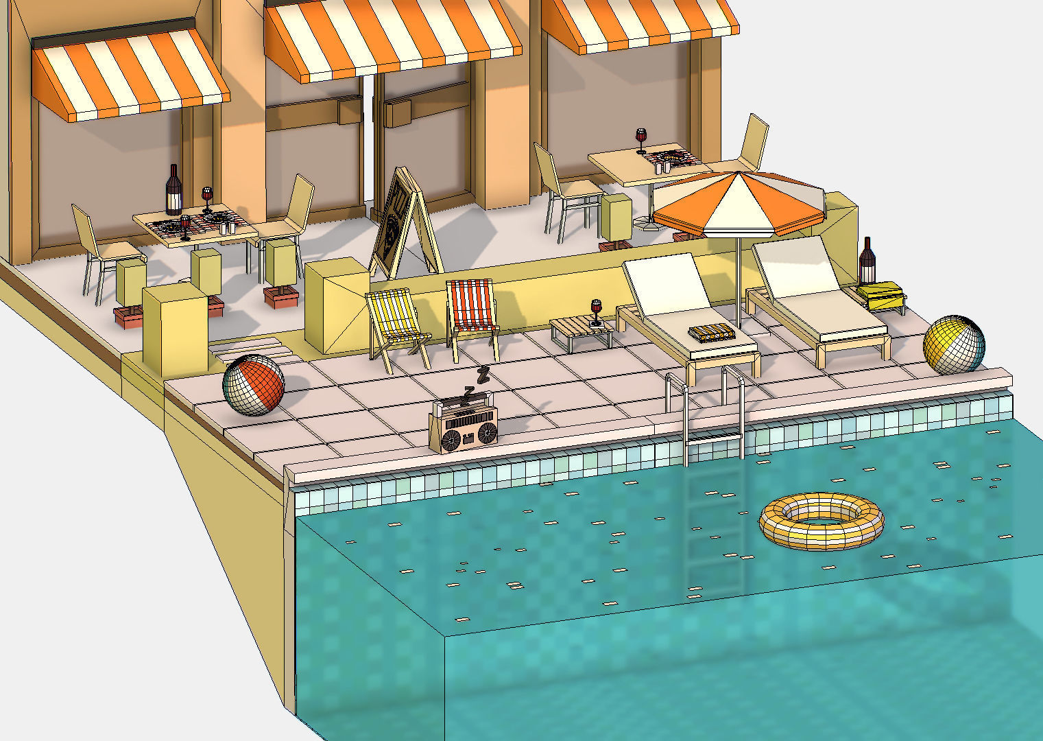 Summer Cafe Pizza Pool sun lounger Low-poly 3D model_27