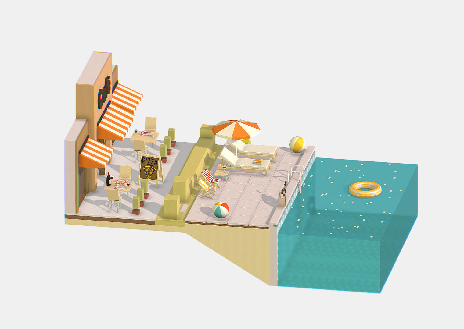 Summer Cafe Pizza Pool sun lounger Low-poly 3D model_5