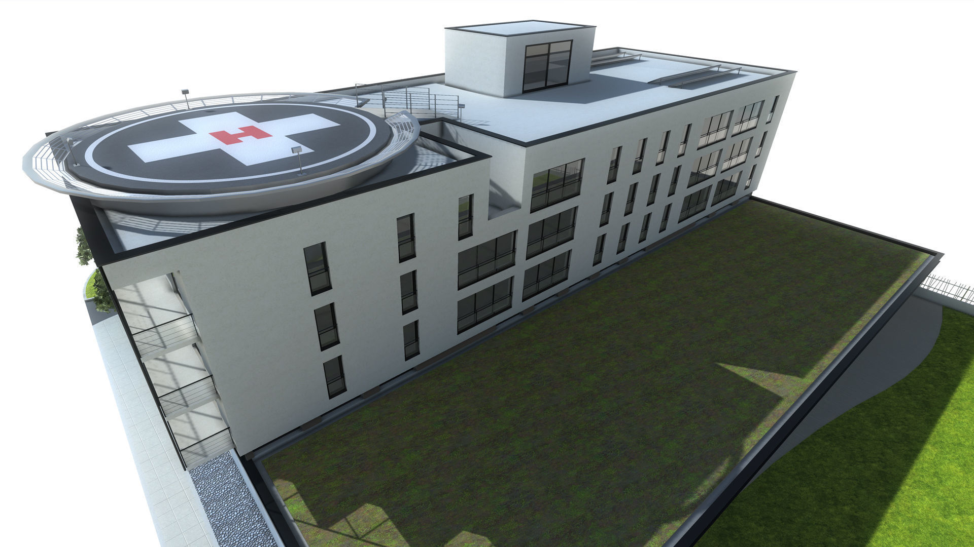 Hospital apartment building with fence Low-poly 3D model_2