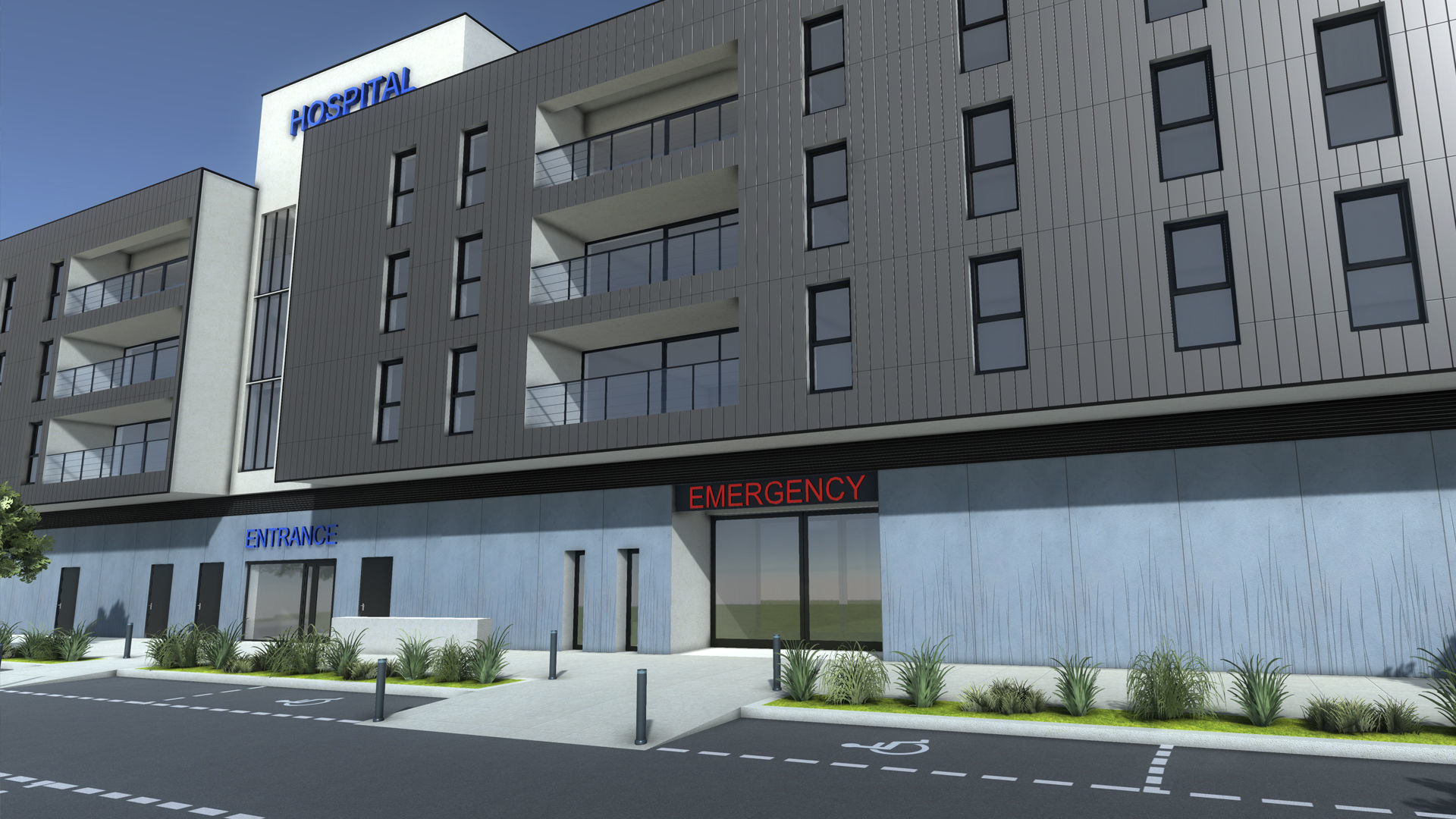 Hospital apartment building with fence Low-poly 3D model_10