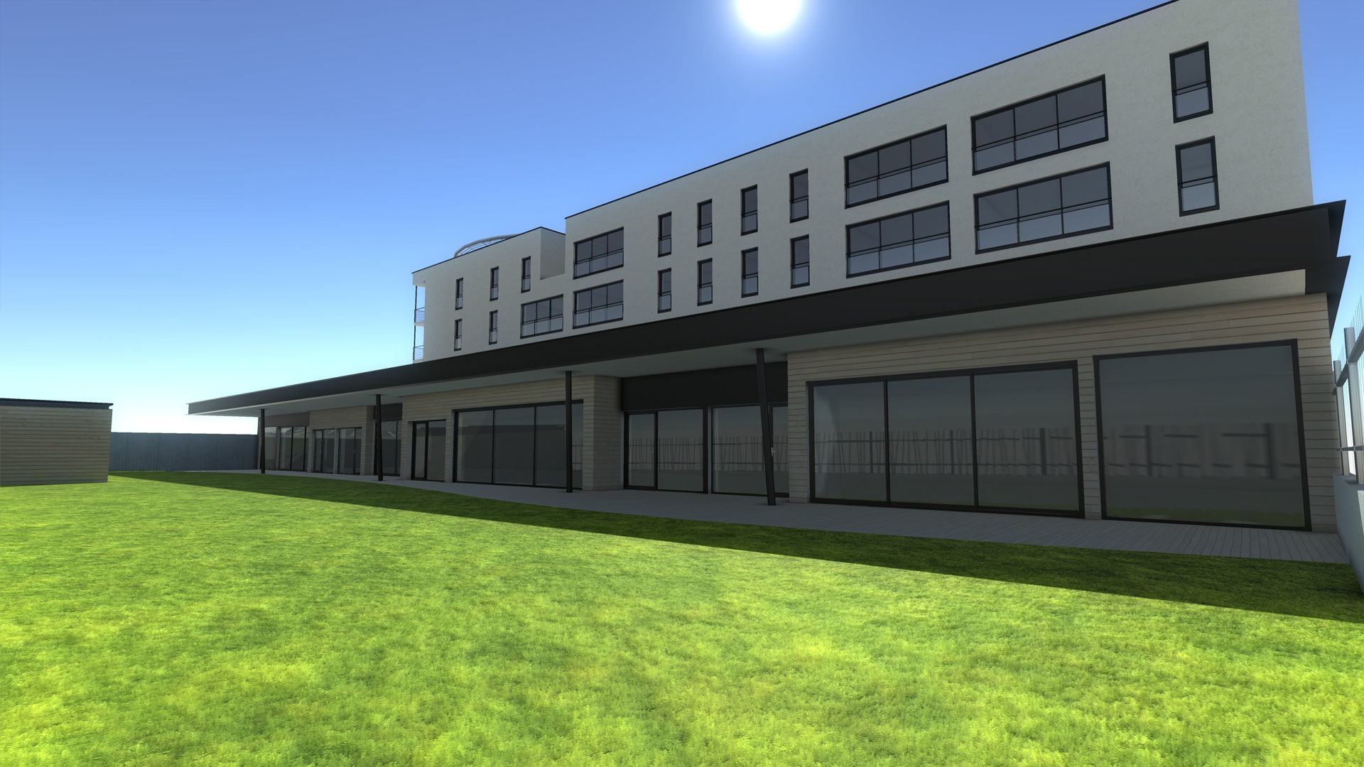 Hospital apartment building with fence Low-poly 3D model_7