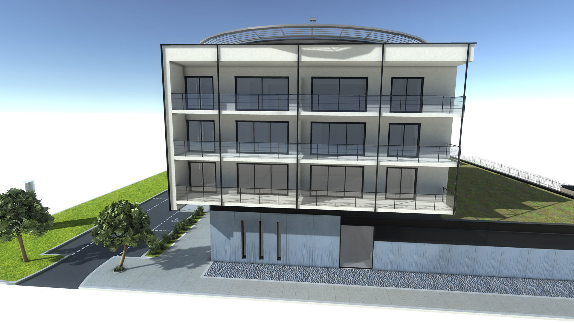 Hospital apartment building with fence Low-poly 3D model_11