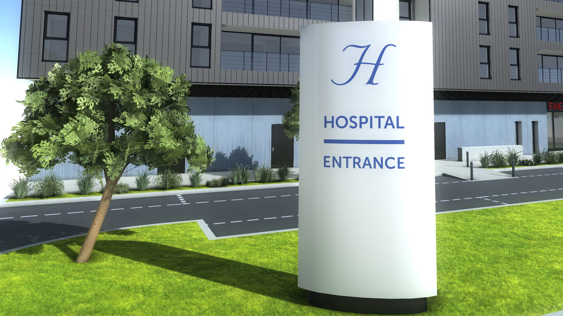 Hospital apartment building with fence Low-poly 3D model_8