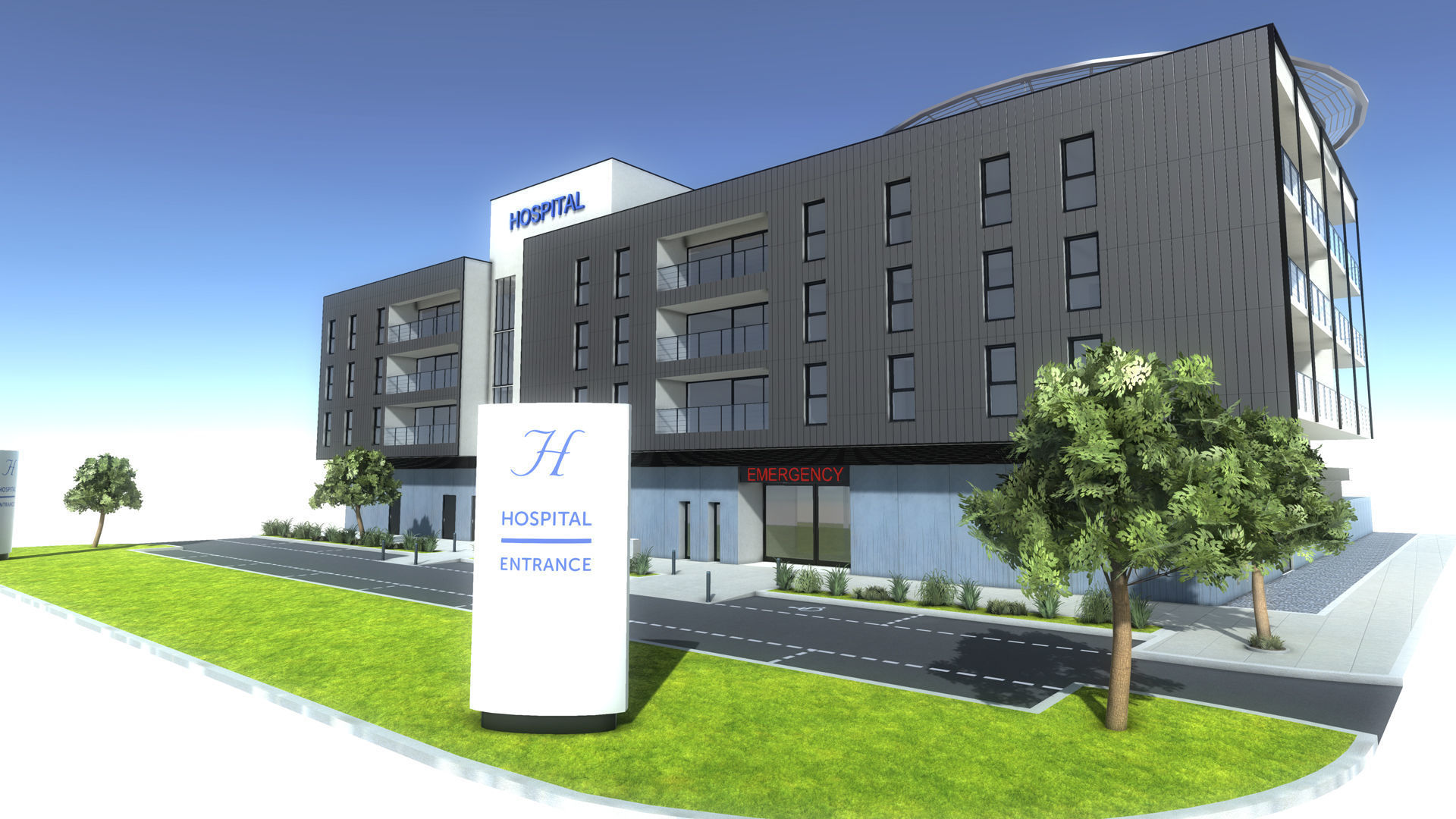 Hospital apartment building with fence Low-poly 3D model_1