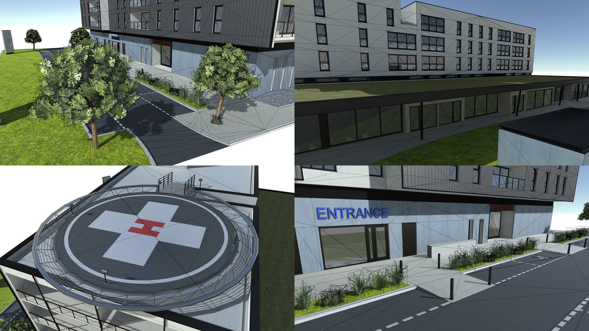 Hospital apartment building with fence Low-poly 3D model_15