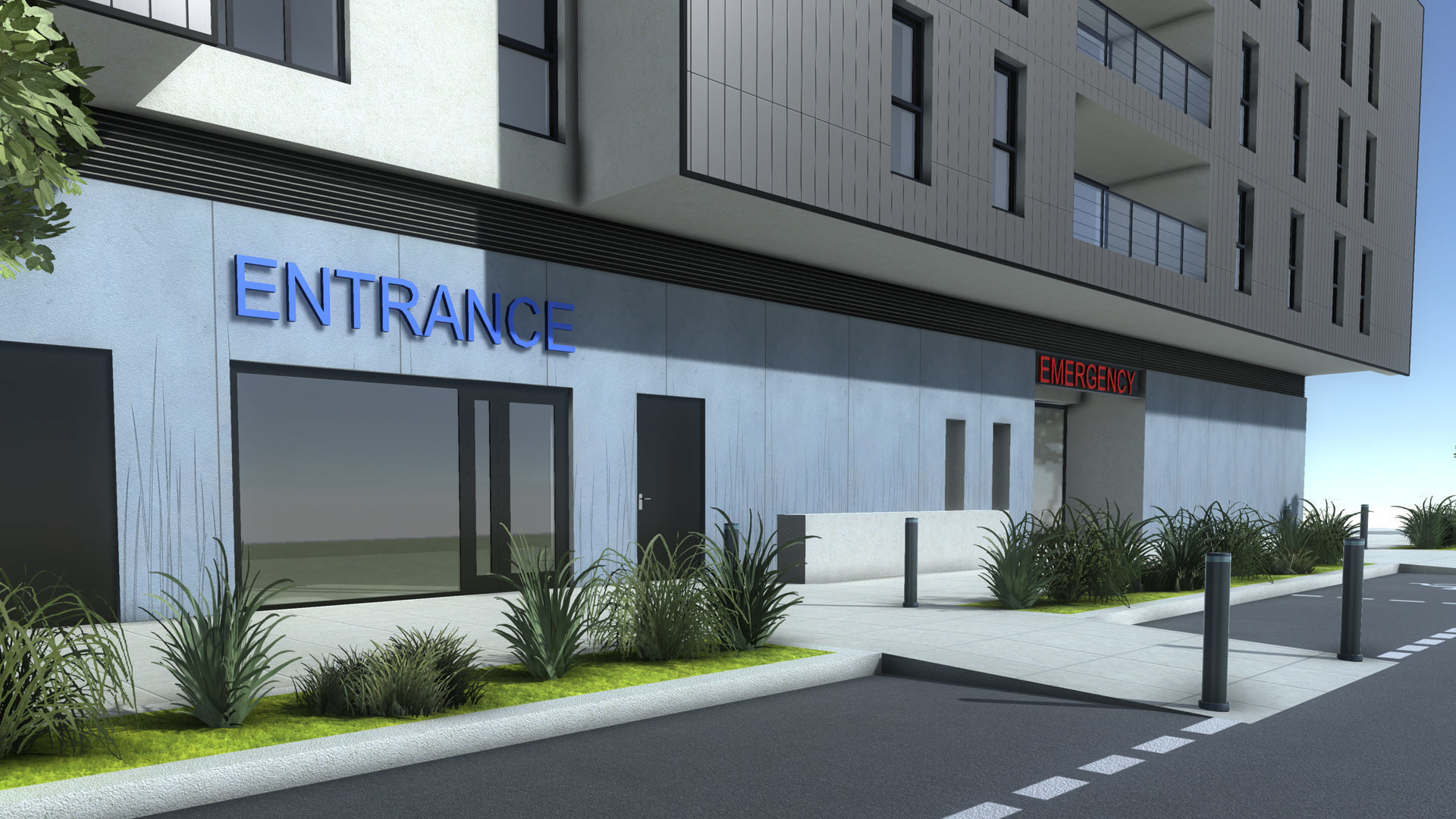 Hospital apartment building with fence Low-poly 3D model_12