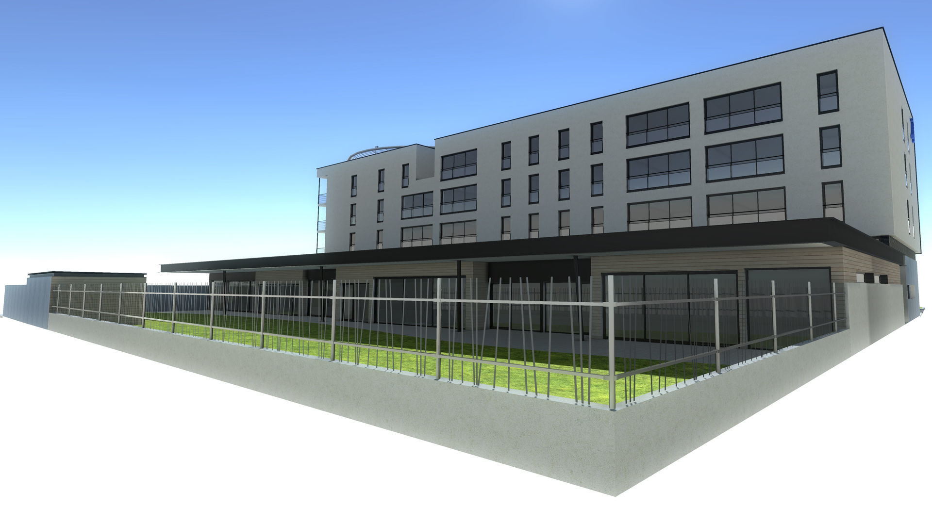 Hospital apartment building with fence Low-poly 3D model_3