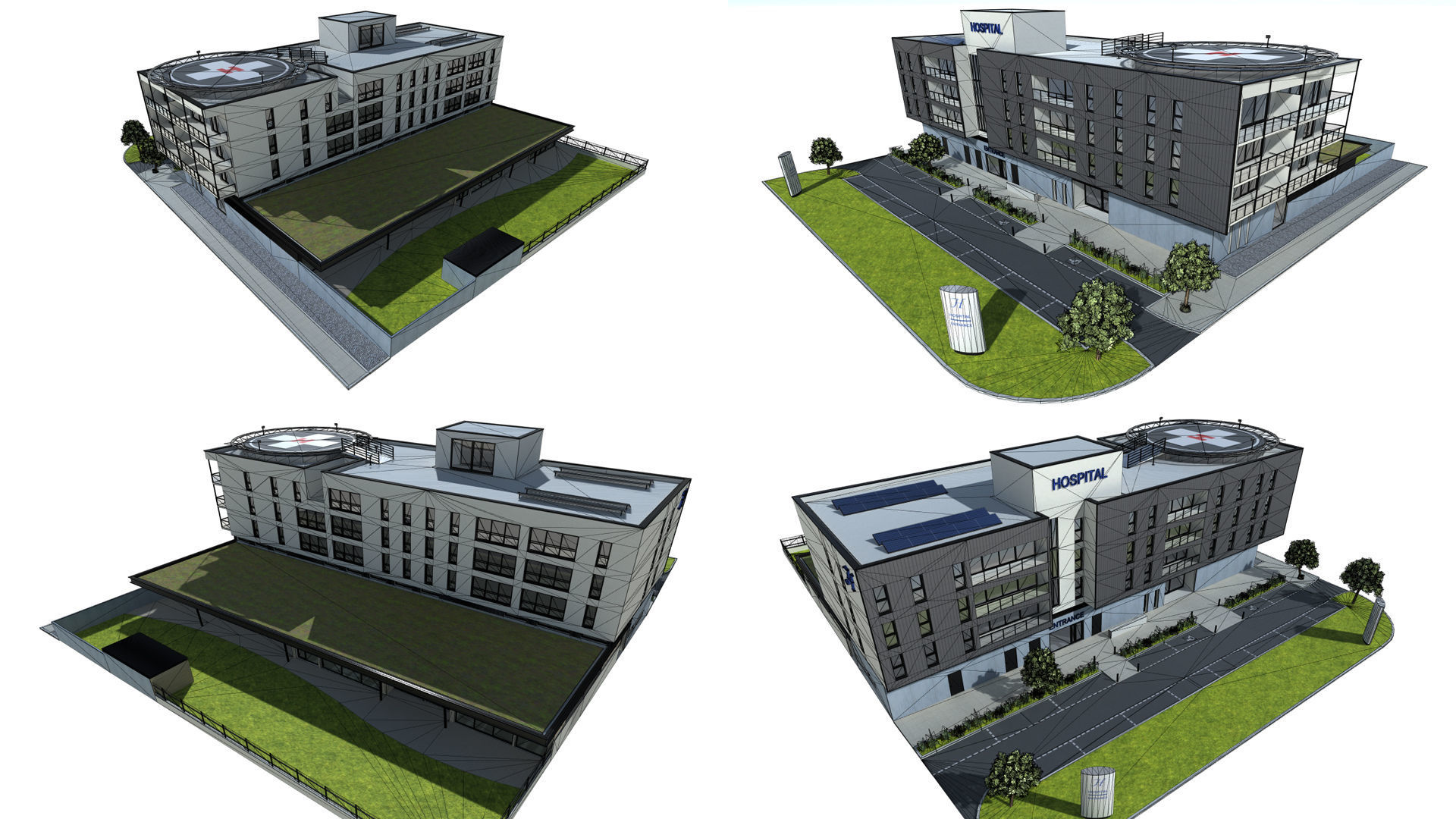 Hospital apartment building with fence Low-poly 3D model_14