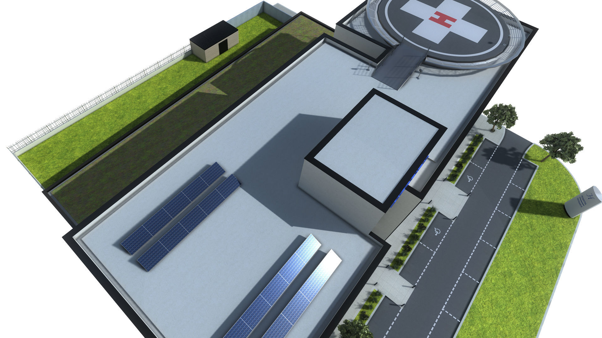 Hospital apartment building with fence Low-poly 3D model_5