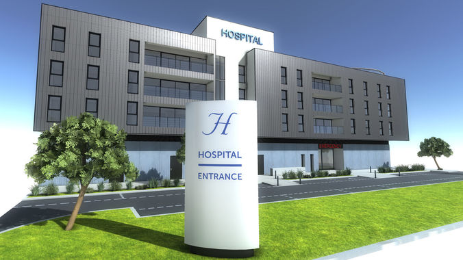 Hospital apartment building with fence Low-poly 3D model