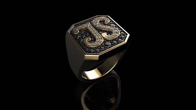 Gold Round Cut Black Diamond Mens Ring 3D print model
