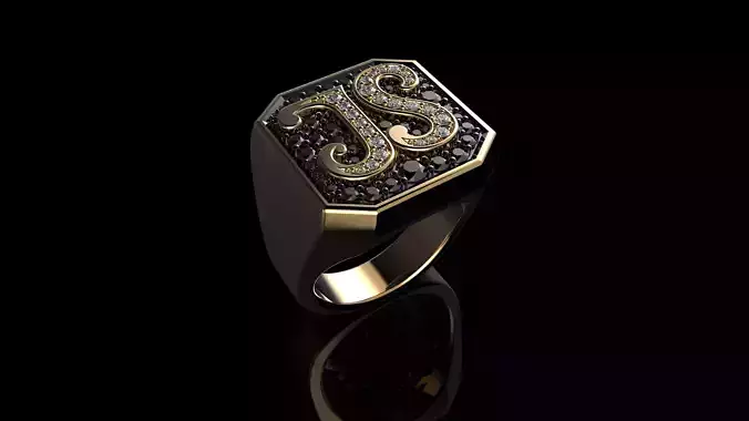 Gold Round Cut Black Diamond Mens Ring 3D print model