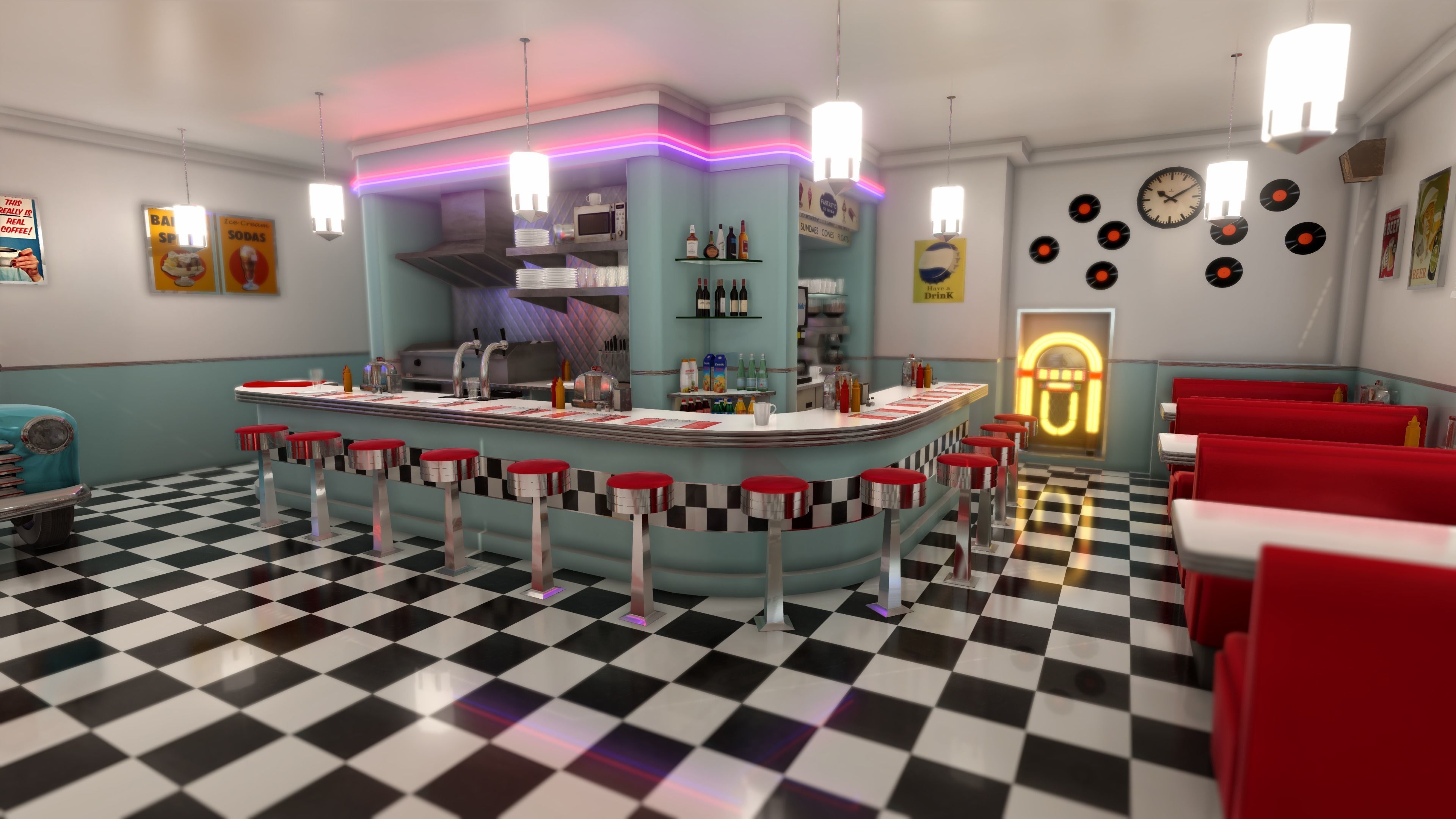 Diner building in middle of street Low-poly 3D model_8