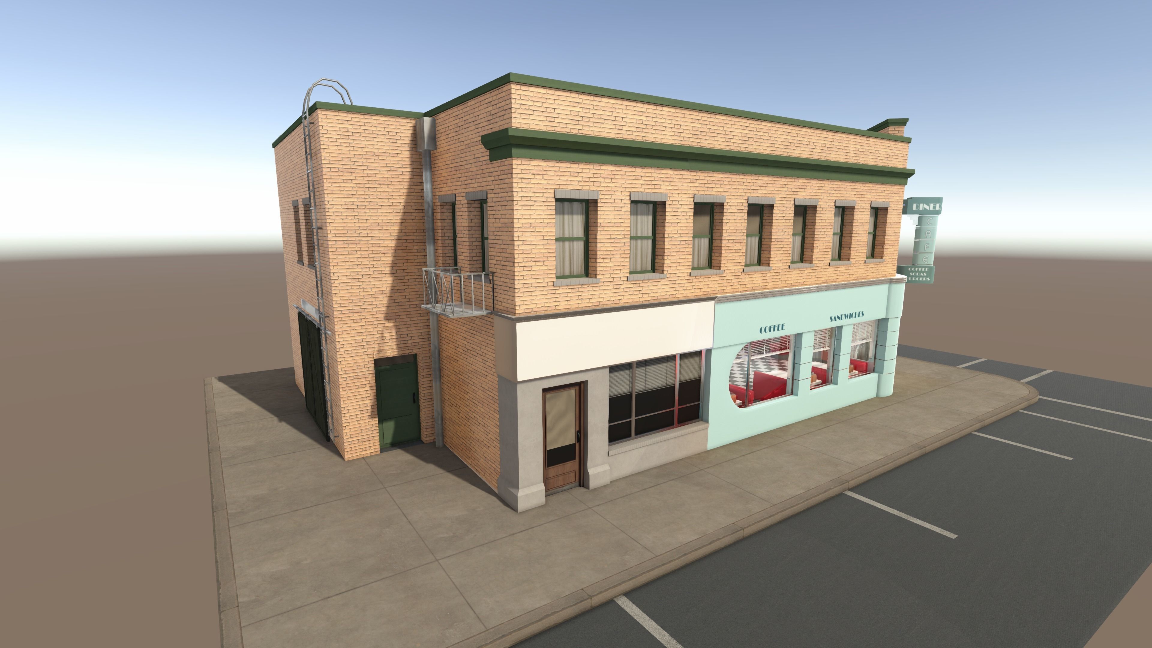 Diner building in middle of street Low-poly 3D model_11