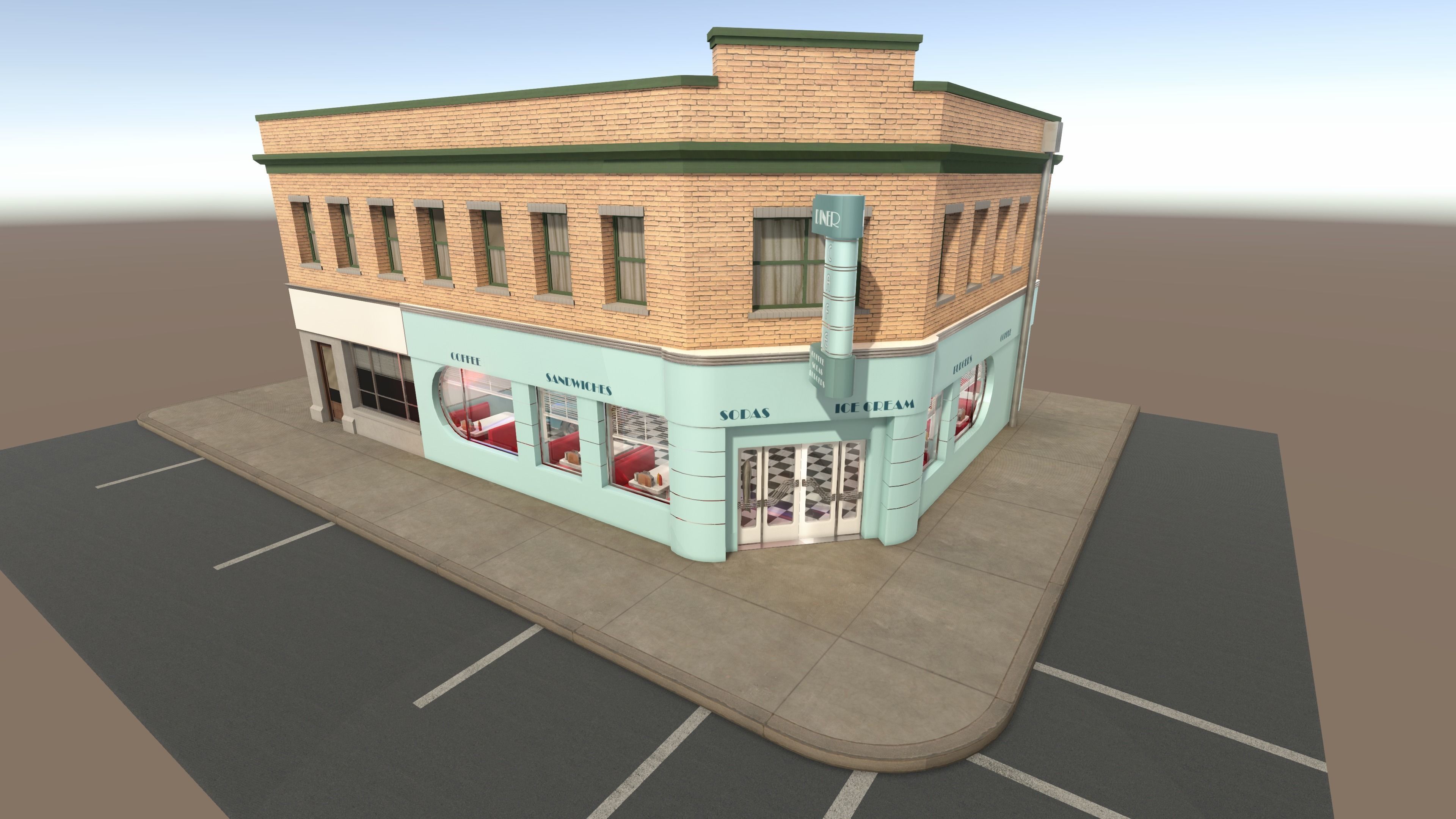 Diner building in middle of street Low-poly 3D model_12